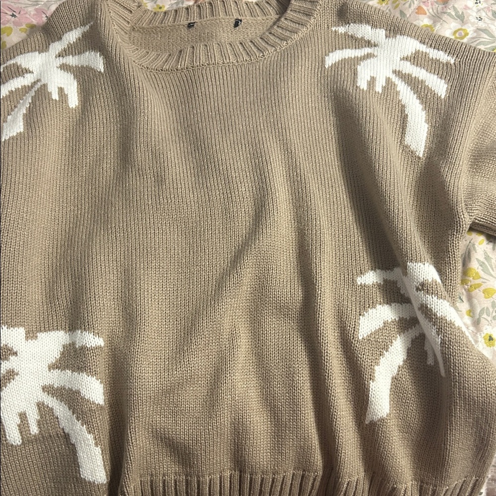 Beige Sweater with White Palm Tree Design
